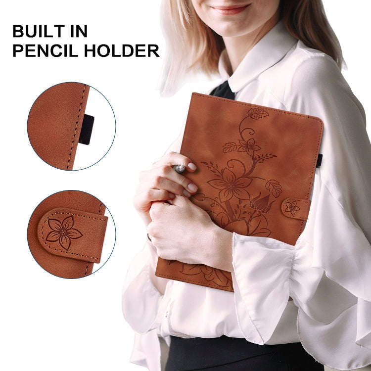 For Lenovo Tab K11 Plus Lily Embossed Leather Tablet Case(Brown)