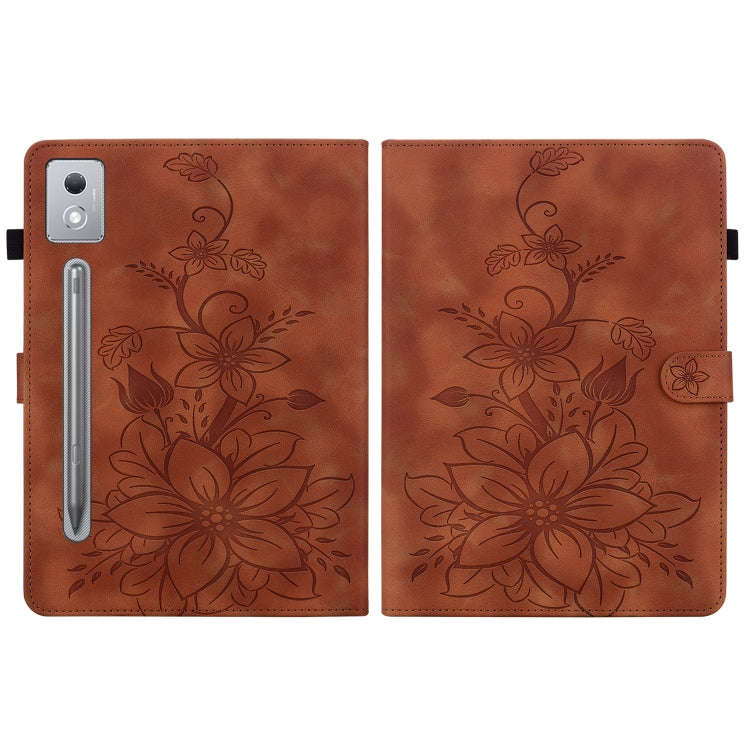 For Lenovo Tab P12 12.7 2025 Lily Embossed Leather Tablet Case(Brown)