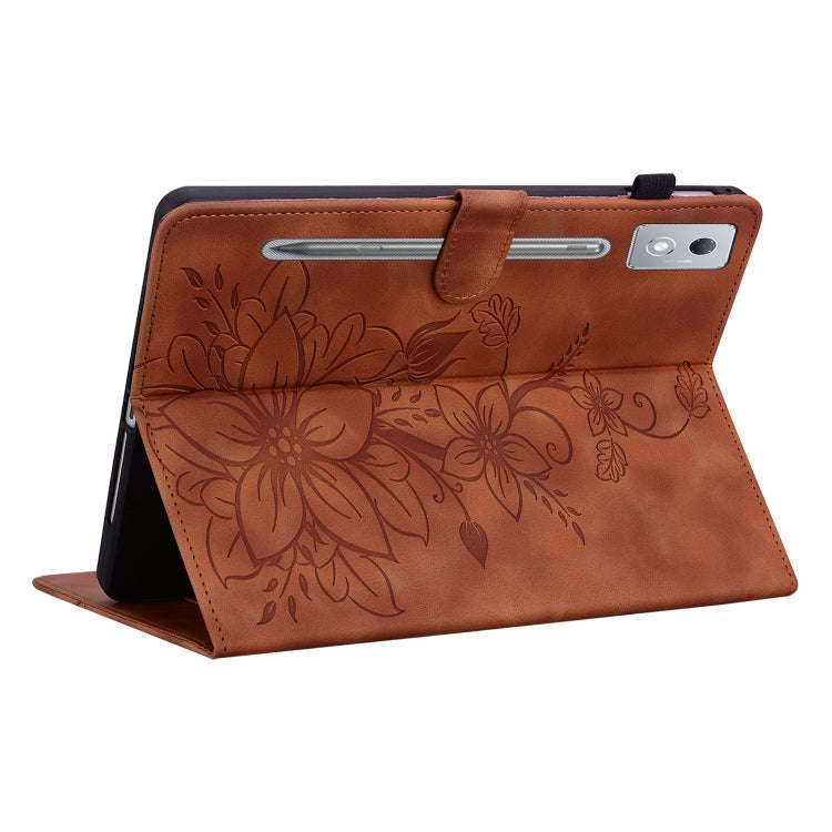 For Lenovo Tab P12 12.7 2025 Lily Embossed Leather Tablet Case(Brown)