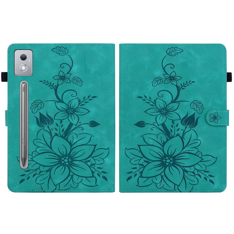 For Lenovo Tab P12 12.7 2025 Lily Embossed Leather Tablet Case(Green)