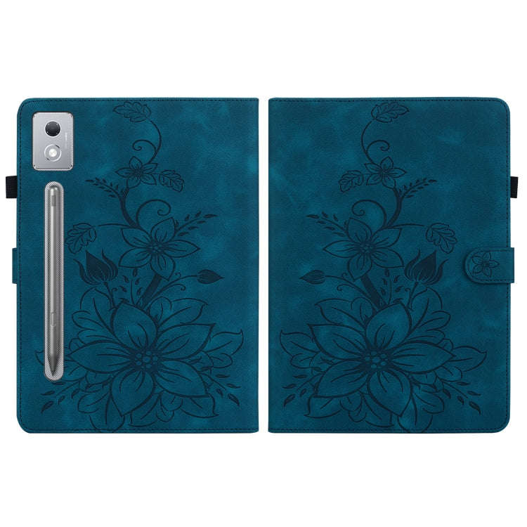 For Lenovo Tab P12 12.7 2025 Lily Embossed Leather Tablet Case(Dark Blue)