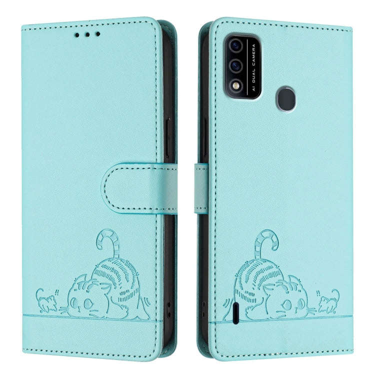 For itel A48 Cat Rat Embossed Pattern RFID Leather Phone Case with Lanyard(Mint Green)