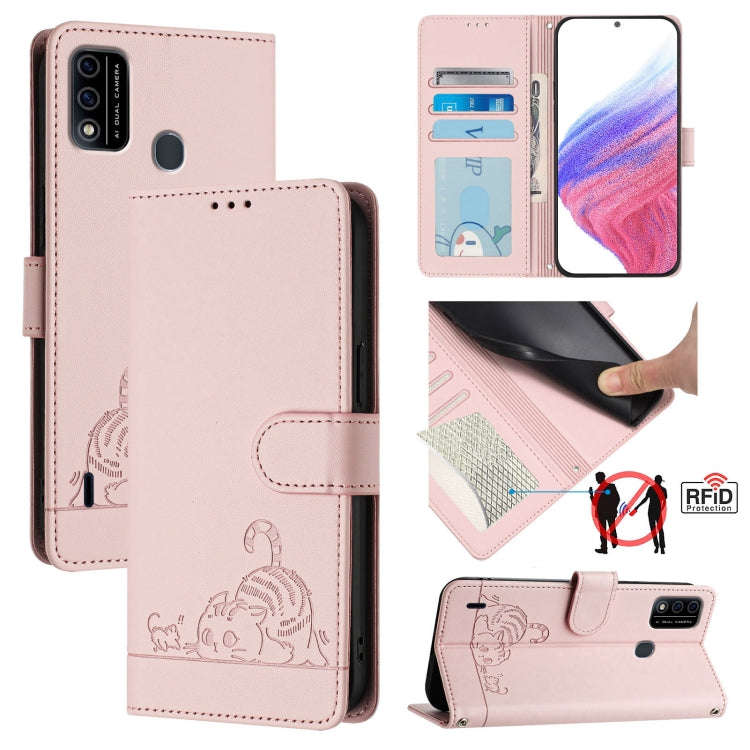 For itel A48 Cat Rat Embossed Pattern RFID Leather Phone Case with Lanyard(Pink)