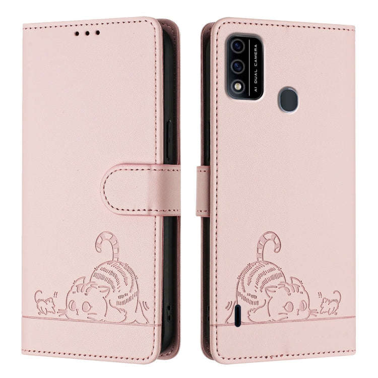 For itel A48 Cat Rat Embossed Pattern RFID Leather Phone Case with Lanyard(Pink)