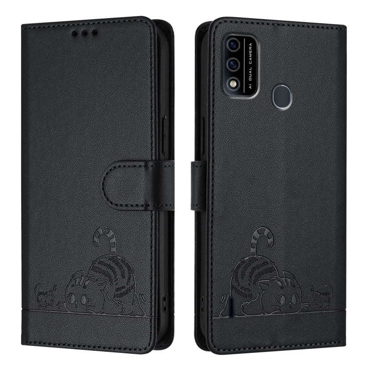 For itel A48 Cat Rat Embossed Pattern RFID Leather Phone Case with Lanyard(Black)