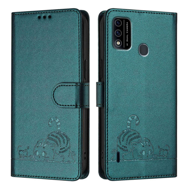 For itel A48 Cat Rat Embossed Pattern RFID Leather Phone Case with Lanyard(Peacock Green)