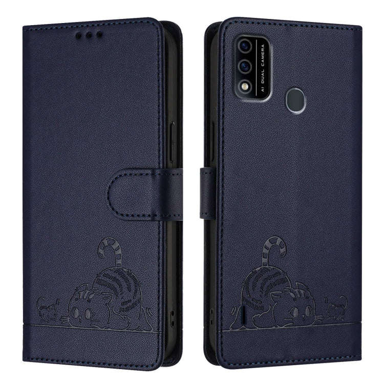 For itel A48 Cat Rat Embossed Pattern RFID Leather Phone Case with Lanyard(Blue)