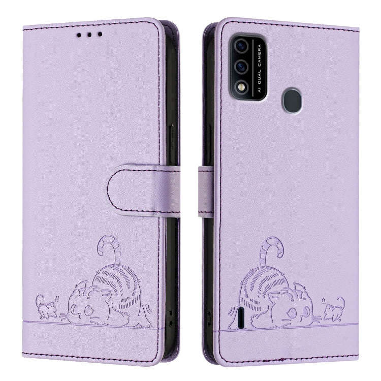 For itel A48 Cat Rat Embossed Pattern RFID Leather Phone Case with Lanyard(Purple)