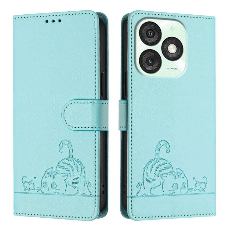 For itel A50 Cat Rat Embossed Pattern RFID Leather Phone Case with Lanyard(Mint Green)