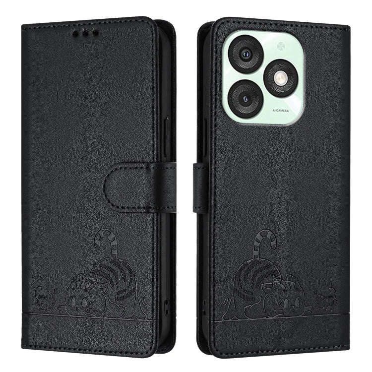 For itel A50 Cat Rat Embossed Pattern RFID Leather Phone Case with Lanyard(Black)