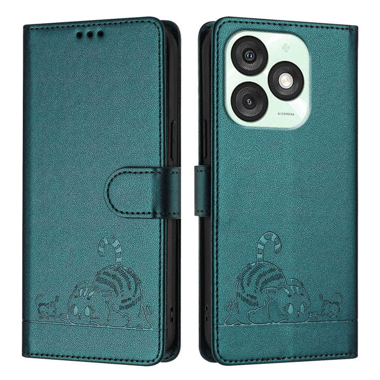 For itel A50 Cat Rat Embossed Pattern RFID Leather Phone Case with Lanyard(Peacock Green)