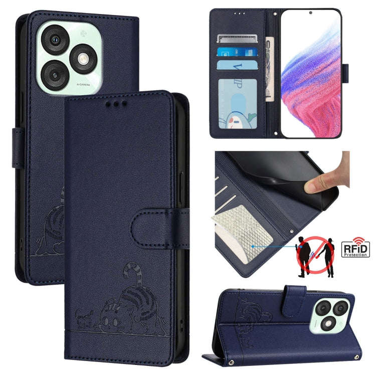 For itel A50 Cat Rat Embossed Pattern RFID Leather Phone Case with Lanyard(Blue)