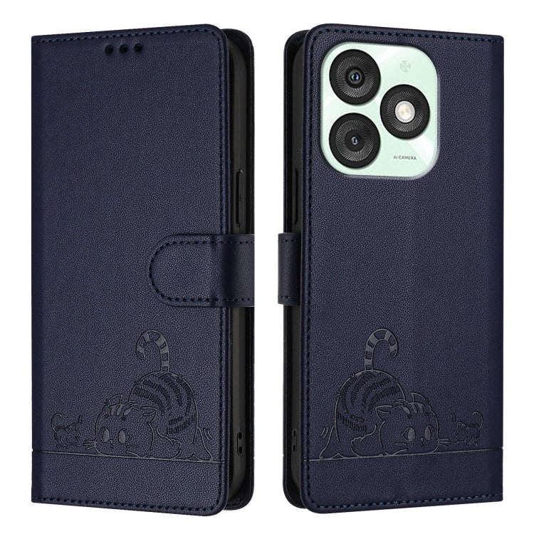 For itel A50 Cat Rat Embossed Pattern RFID Leather Phone Case with Lanyard(Blue)