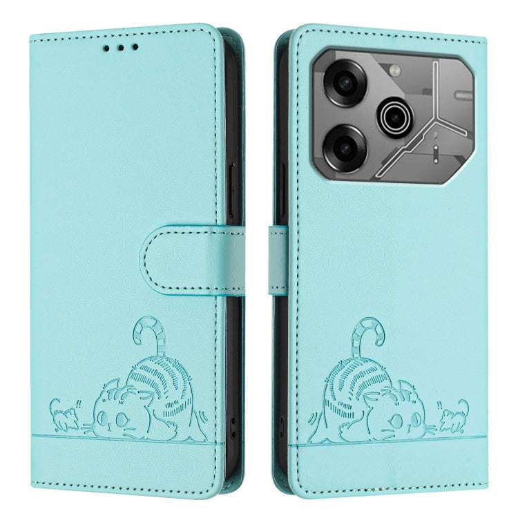For Tecno Pova 6 Neo Cat Rat Embossed Pattern RFID Leather Phone Case with Lanyard(Mint Green)