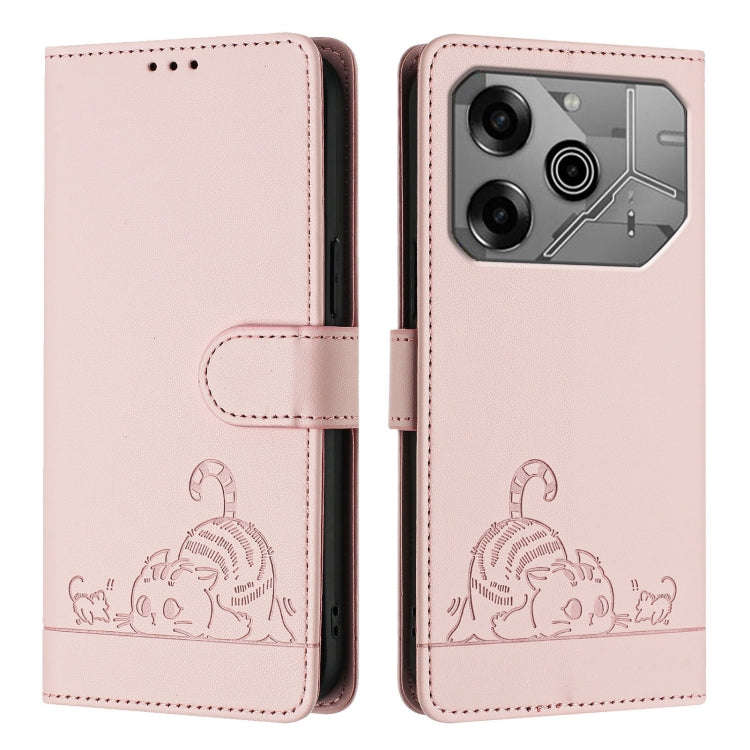 For Tecno Pova 6 Neo Cat Rat Embossed Pattern RFID Leather Phone Case with Lanyard(Pink)