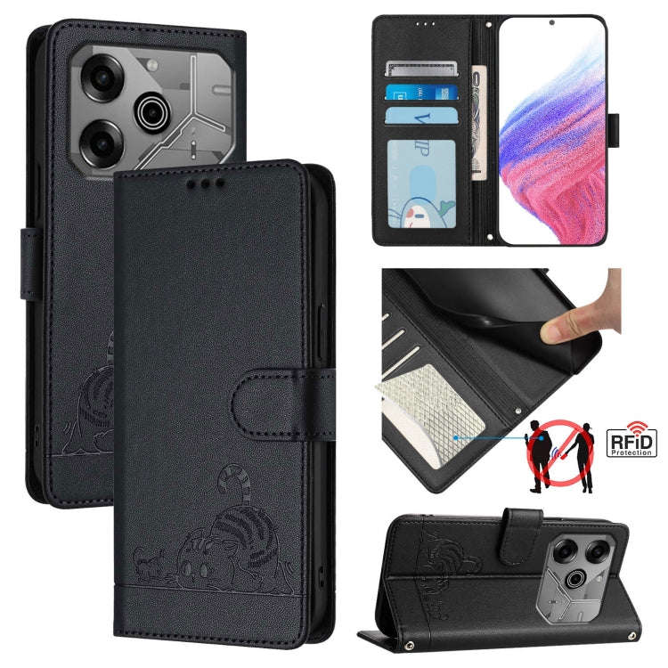 For Tecno Pova 6 Neo Cat Rat Embossed Pattern RFID Leather Phone Case with Lanyard(Black)