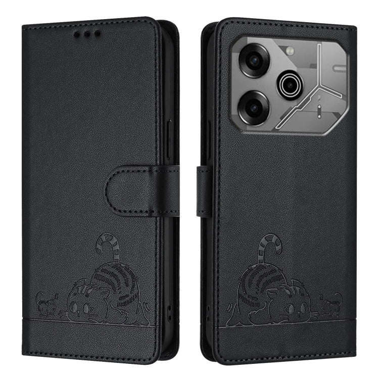 For Tecno Pova 6 Neo Cat Rat Embossed Pattern RFID Leather Phone Case with Lanyard(Black)