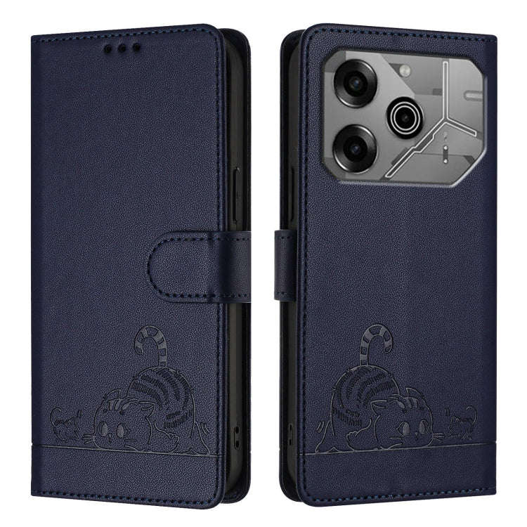For Tecno Pova 6 Neo Cat Rat Embossed Pattern RFID Leather Phone Case with Lanyard(Blue)