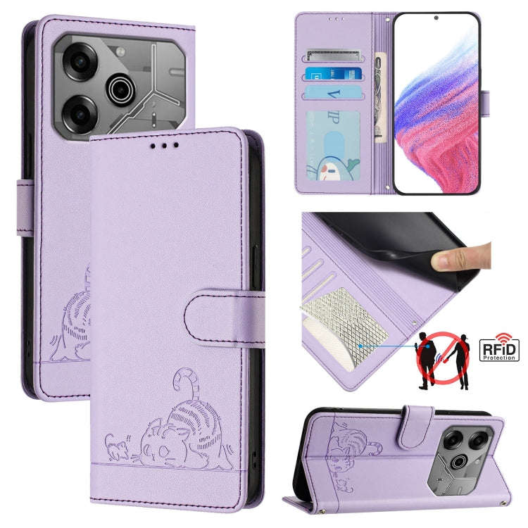 For Tecno Pova 6 Neo Cat Rat Embossed Pattern RFID Leather Phone Case with Lanyard(Purple)