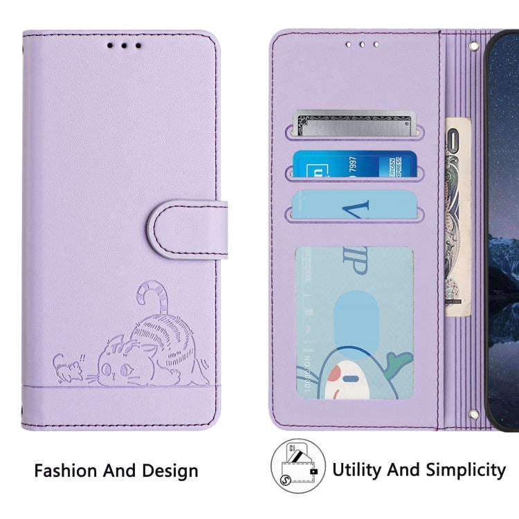 For Tecno Pova 6 Neo Cat Rat Embossed Pattern RFID Leather Phone Case with Lanyard(Purple)