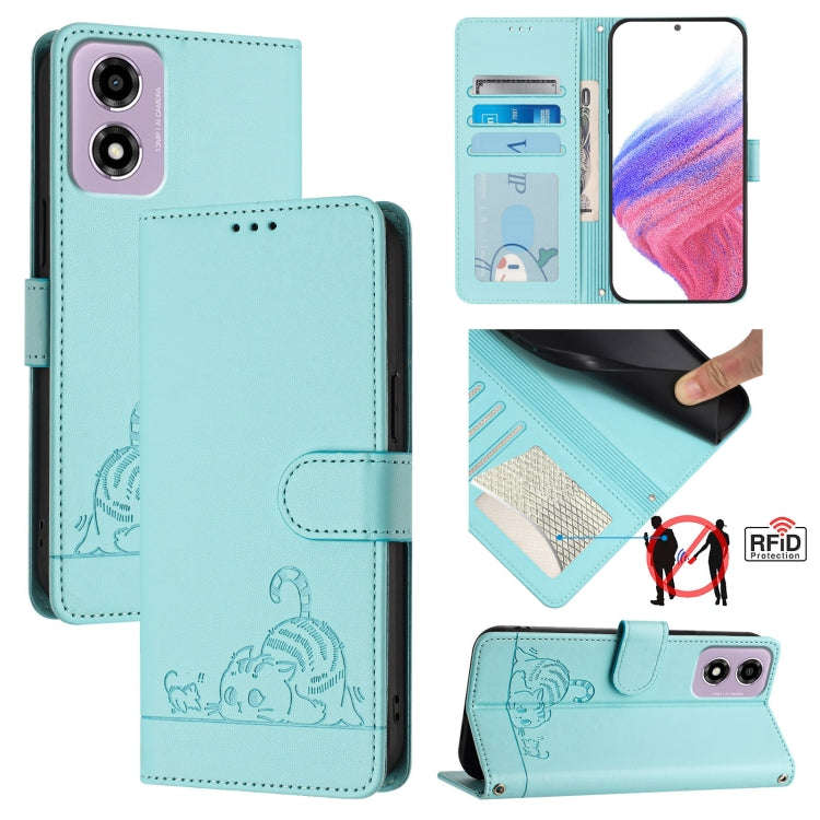 For Motorola Moto E14 Cat Rat Embossed Pattern RFID Leather Phone Case with Lanyard(Mint Green)