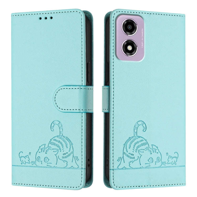 For Motorola Moto E14 Cat Rat Embossed Pattern RFID Leather Phone Case with Lanyard(Mint Green)