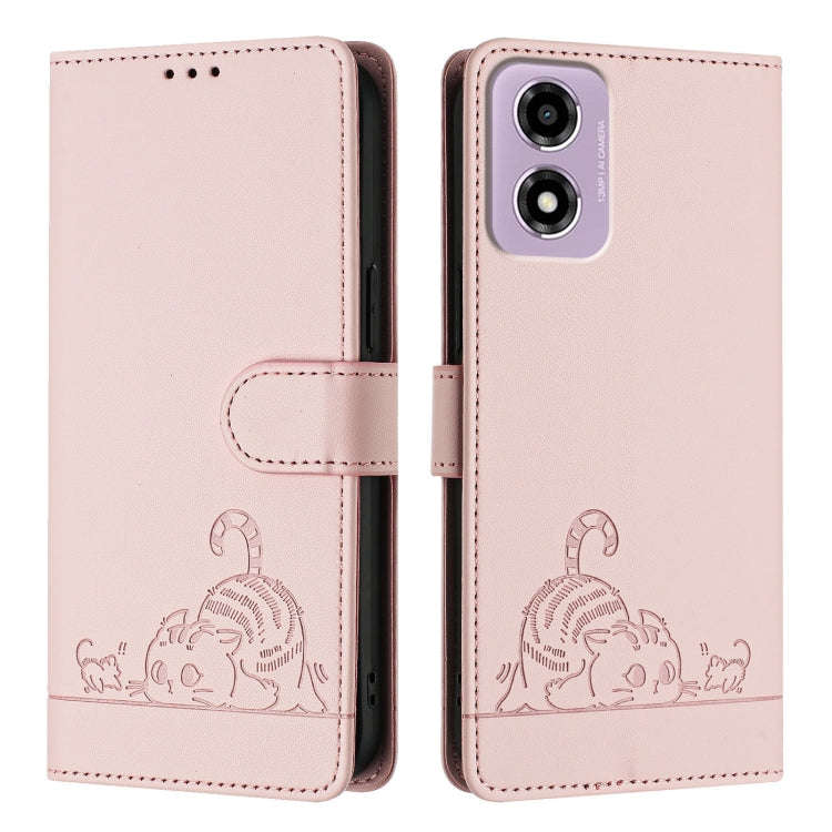 For Motorola Moto E14 Cat Rat Embossed Pattern RFID Leather Phone Case with Lanyard(Pink)