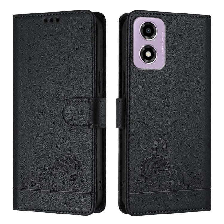 For Motorola Moto E14 Cat Rat Embossed Pattern RFID Leather Phone Case with Lanyard(Black)