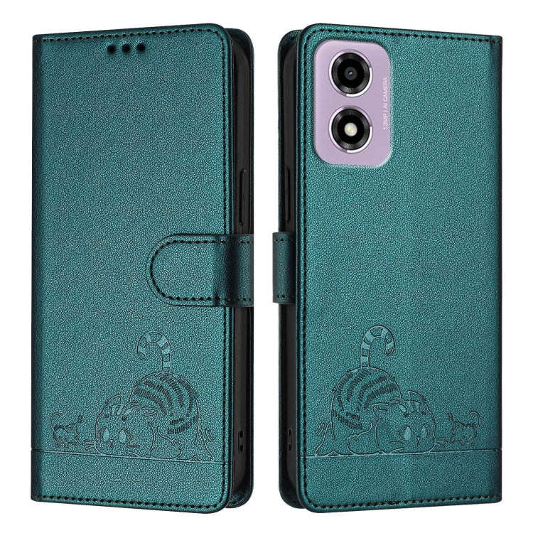 For Motorola Moto E14 Cat Rat Embossed Pattern RFID Leather Phone Case with Lanyard(Peacock Green)