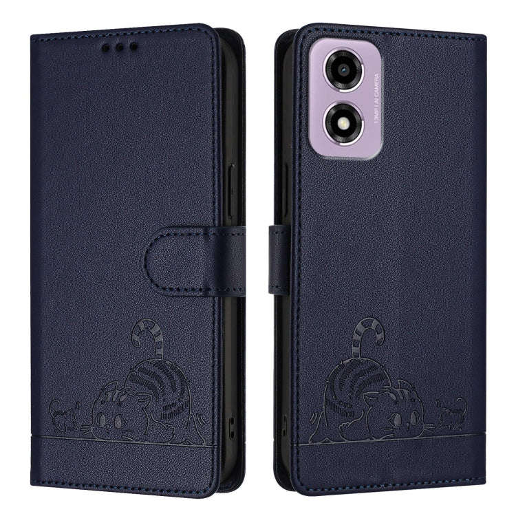 For Motorola Moto E14 Cat Rat Embossed Pattern RFID Leather Phone Case with Lanyard(Blue)