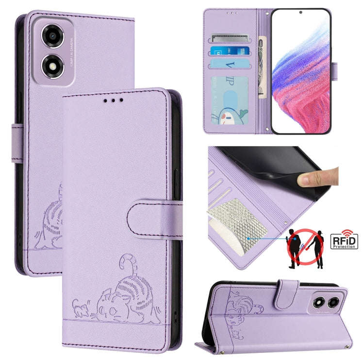 For Motorola Moto E14 Cat Rat Embossed Pattern RFID Leather Phone Case with Lanyard(Purple)