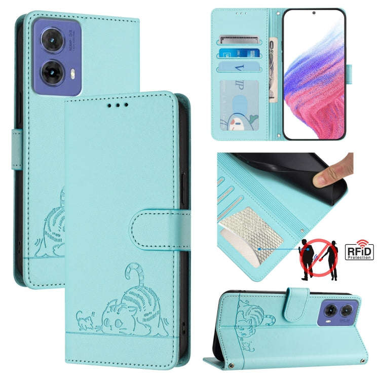 For Motorola Moto G85 Cat Rat Embossed Pattern RFID Leather Phone Case with Lanyard(Mint Green)