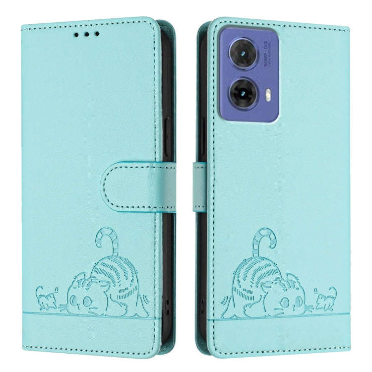 For Motorola Moto G85 Cat Rat Embossed Pattern RFID Leather Phone Case with Lanyard(Mint Green)