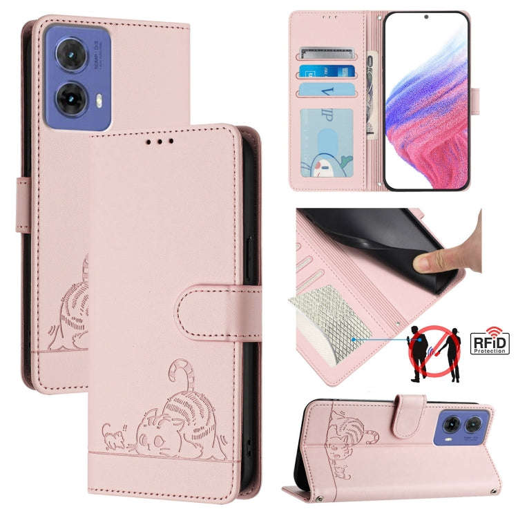 For Motorola Moto G85 Cat Rat Embossed Pattern RFID Leather Phone Case with Lanyard(Pink)