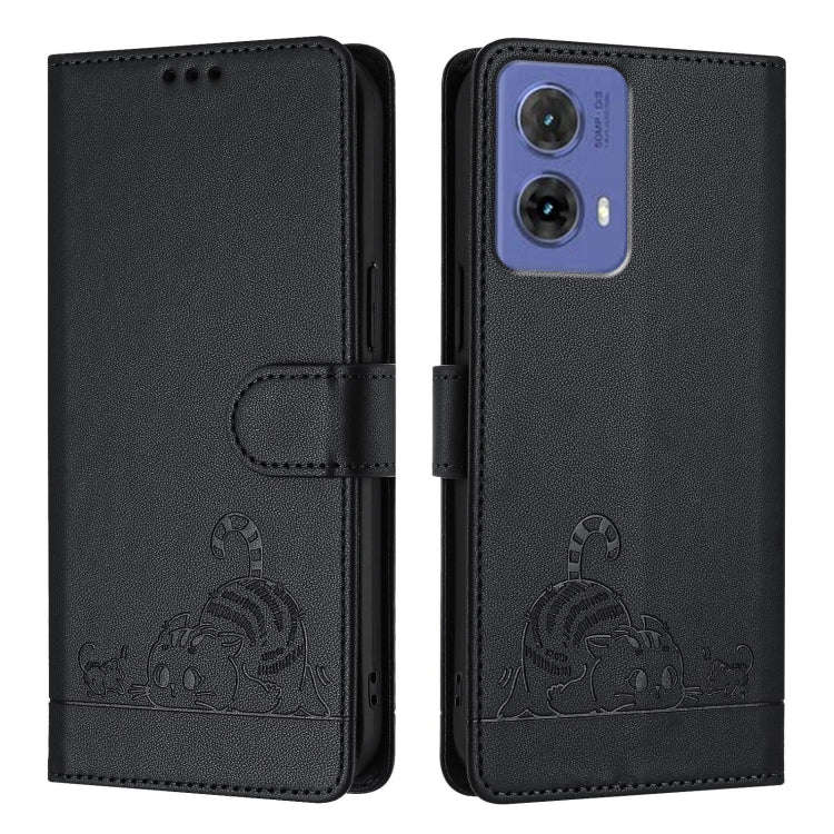 For Motorola Moto G85 Cat Rat Embossed Pattern RFID Leather Phone Case with Lanyard(Black)