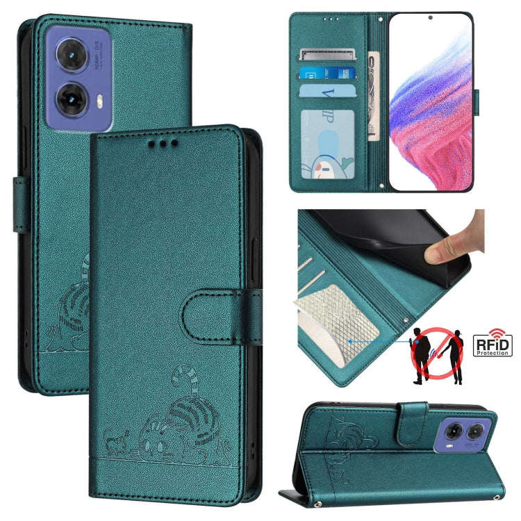 For Motorola Moto G85 Cat Rat Embossed Pattern RFID Leather Phone Case with Lanyard(Peacock Green)