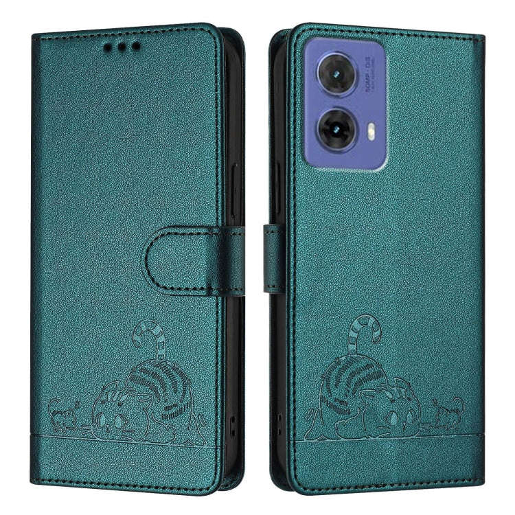 For Motorola Moto G85 Cat Rat Embossed Pattern RFID Leather Phone Case with Lanyard(Peacock Green)