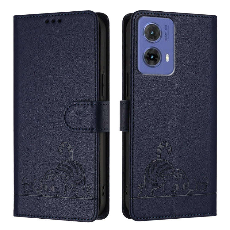 For Motorola Moto G85 Cat Rat Embossed Pattern RFID Leather Phone Case with Lanyard(Blue)