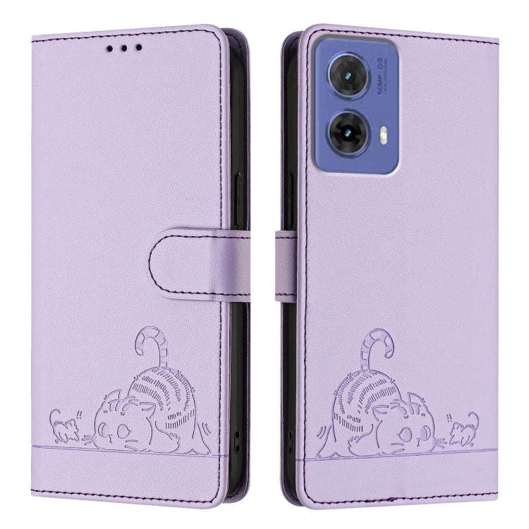 For Motorola Moto G85 Cat Rat Embossed Pattern RFID Leather Phone Case with Lanyard(Purple)