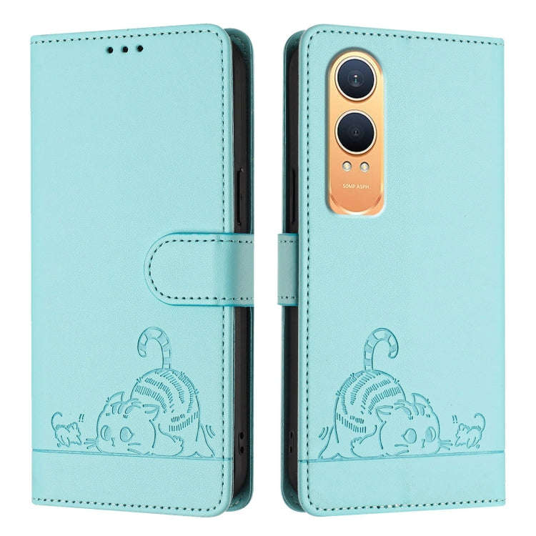 For OnePlus Nord CE4 Lite Cat Rat Embossed Pattern RFID Leather Phone Case with Lanyard(Mint Green)
