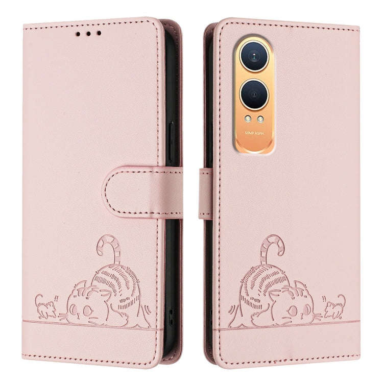 For OnePlus Nord CE4 Lite Cat Rat Embossed Pattern RFID Leather Phone Case with Lanyard(Pink)