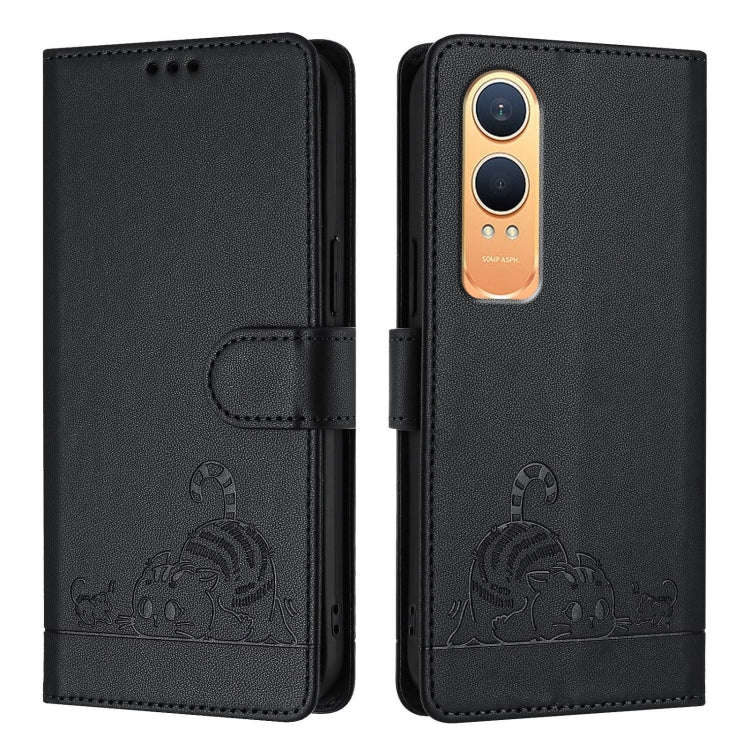For OnePlus Nord CE4 Lite Cat Rat Embossed Pattern RFID Leather Phone Case with Lanyard(Black)
