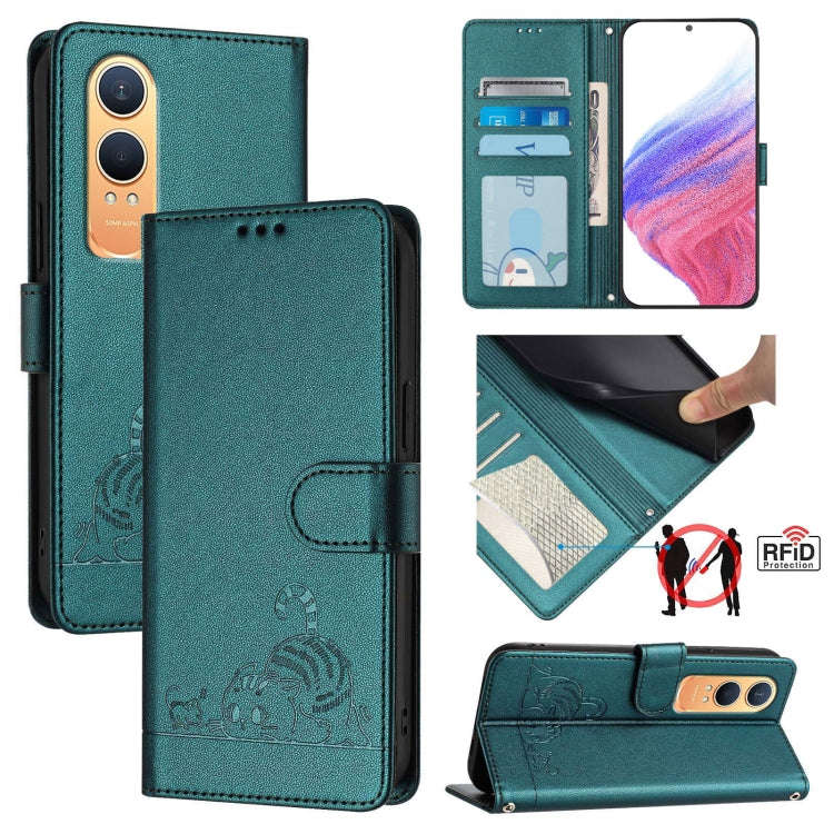 For OnePlus Nord CE4 Lite Cat Rat Embossed Pattern RFID Leather Phone Case with Lanyard(Peacock G...