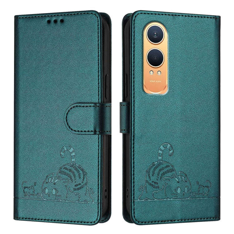 For OnePlus Nord CE4 Lite Cat Rat Embossed Pattern RFID Leather Phone Case with Lanyard(Peacock G...