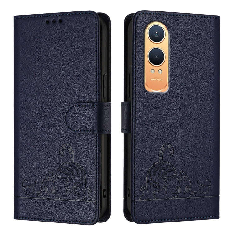 For OnePlus Nord CE4 Lite Cat Rat Embossed Pattern RFID Leather Phone Case with Lanyard(Blue)