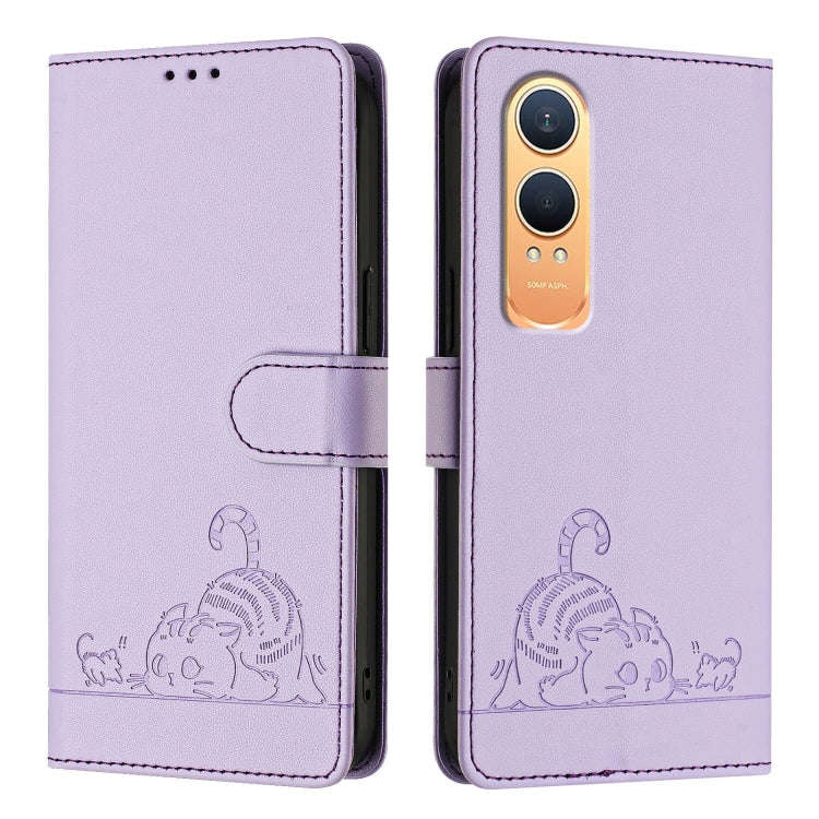 For OnePlus Nord CE4 Lite Cat Rat Embossed Pattern RFID Leather Phone Case with Lanyard(Purple)