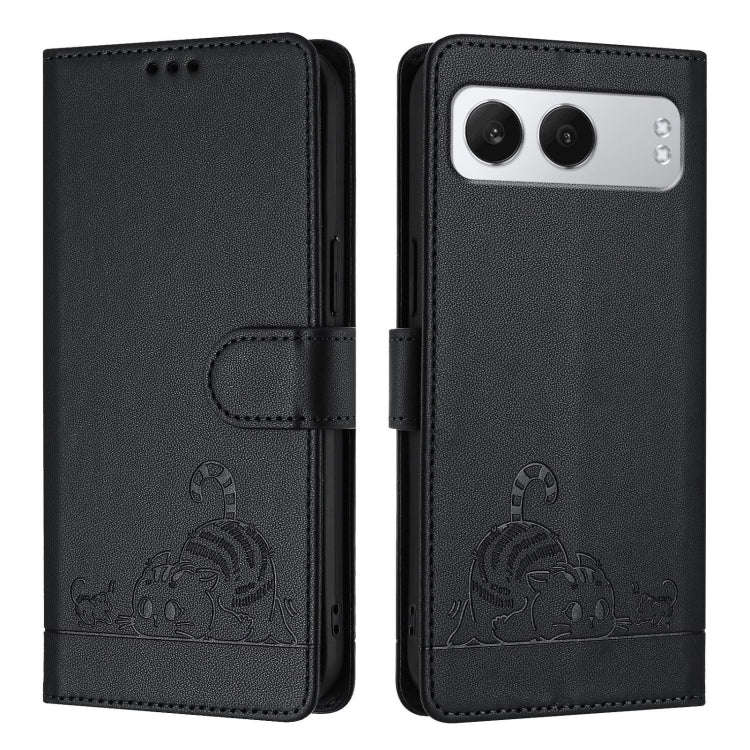 For OnePlus Nord 4 5G Cat Rat Embossed Pattern RFID Leather Phone Case with Lanyard(Black)