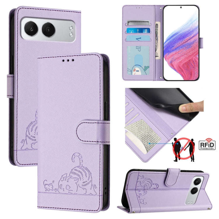 For OnePlus Nord 4 5G Cat Rat Embossed Pattern RFID Leather Phone Case with Lanyard(Purple)