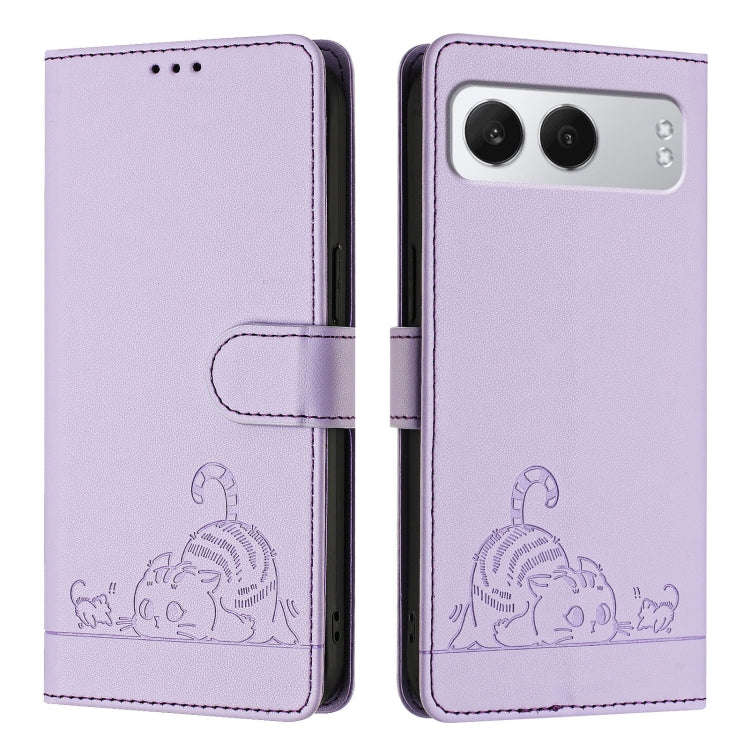 For OnePlus Nord 4 5G Cat Rat Embossed Pattern RFID Leather Phone Case with Lanyard(Purple)