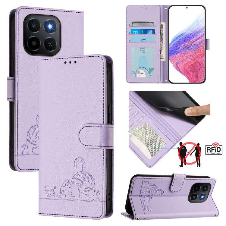 For Honor X6c 4G Cat Rat Embossed Pattern RFID Leather Phone Case with Lanyard(Purple)